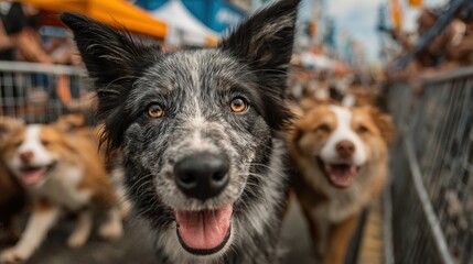 A lively pet adoption event, showcasing various breeds of dogs and cats looking for homes