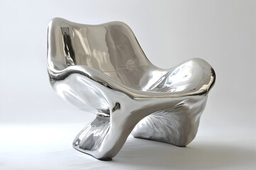 A highly polished, abstract, silver-colored lounge chair with organic, flowing lines and a sculptural base.