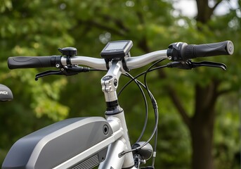 Obraz premium Close-Up of Electric Bicycle Handlebars with Digital Display in Outdoor Setting