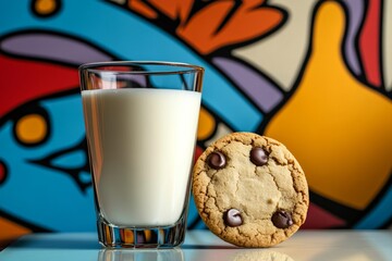 Glass of milk and chocolate chip cookie with colorful background