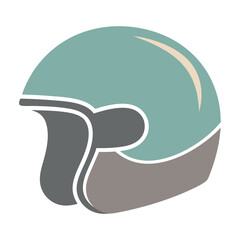 A minimalist, flat design illustration of a vintage-style motorcycle helmet in muted teal and brown colors.