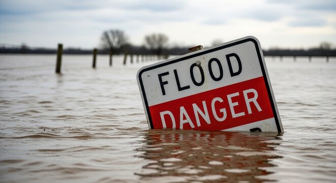 Flood Danger Sign Partially Submerged in Rising Water.