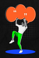 Composite zine pop trend collage of happy girl stand cloud message conversation chatterbox...