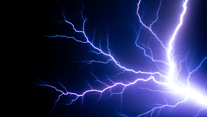 Powerful electric lightning strike illuminating the dark night sky with vibrant blue and white energy creating a dramatic and awe inspiring natural phenomenon