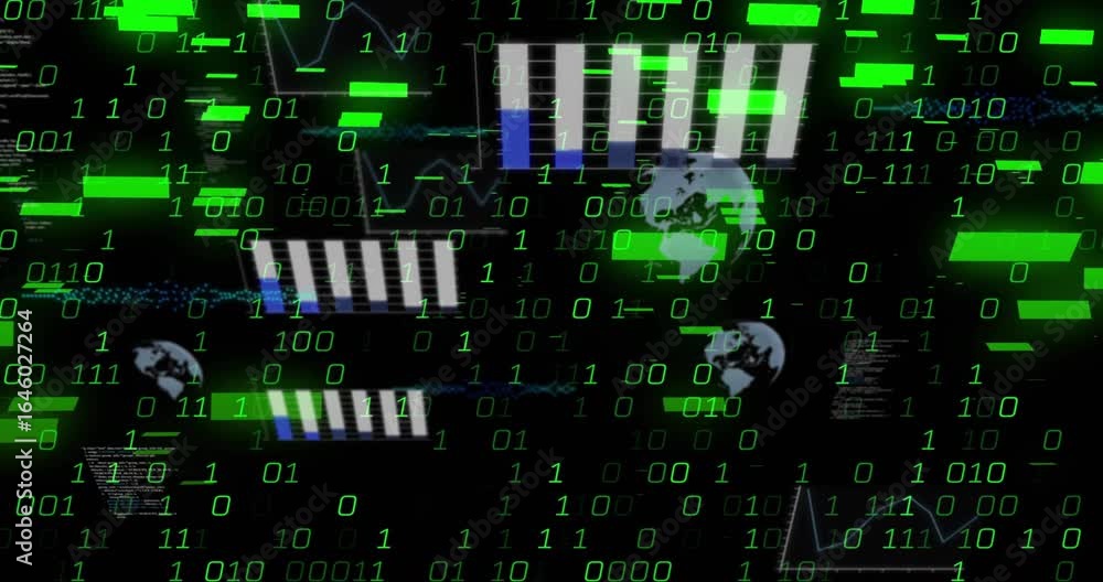 Poster on opening binary digits drifting, charts fading, globe icons rotating, signaling data surge