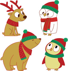 Obraz premium Cute Winter Animals Set with Reindeer, Penguins, and Bear