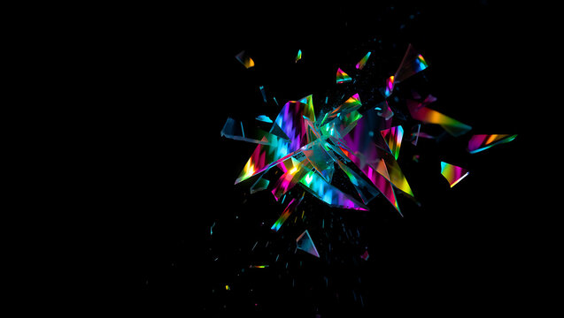 Abstract explosion of vibrant rainbow light shards and particles against a stark black background creating a dynamic and energetic visual effect