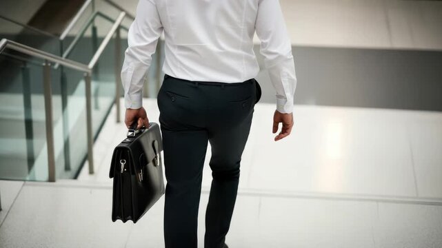 A businessman in a white shirt and dark trousers walks down a staircase while carrying a black leather briefcase