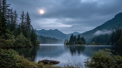 A serene mountain lake scene with pine trees, calm water, mist, and a cloudy sky with the sun partially visible