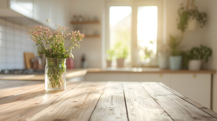 Fototapeta premium A vase of flowers sits on a wooden countertop. The countertop is made of wood and has a light color