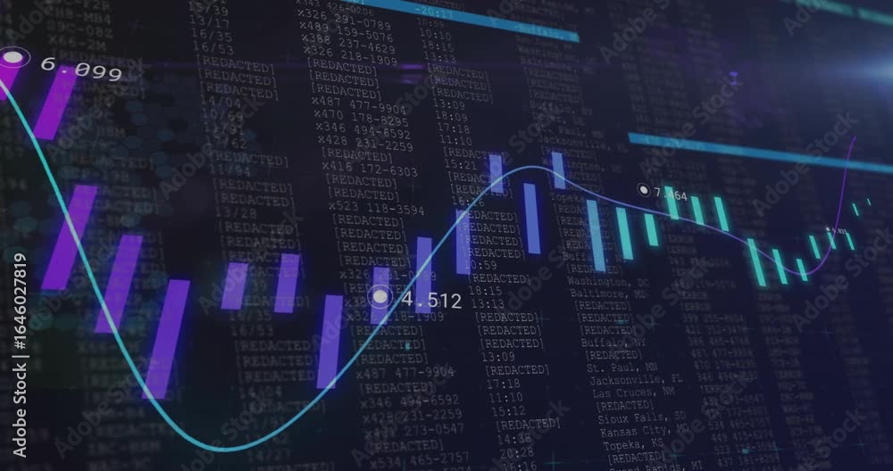 Poster on loading trading chart showing violet bars and curved line fluctuating to illustrate volatility