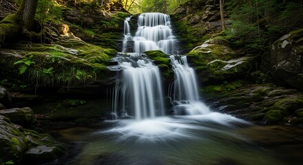  a breathtaking waterfall cascading down mosscovered rocks in a lush forest, creating a serene and refreshing natural scene, perfect for escape and relaxation