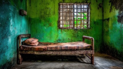 A rusty metal bed with a worn mattress sits in a dilapidated green room with a barred window and peeling walls