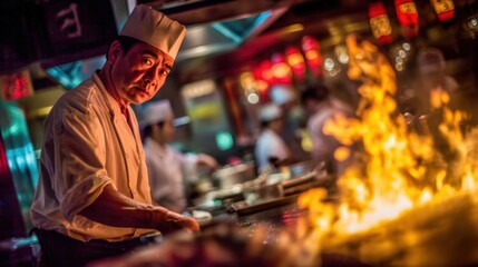 A chef in a Japanese restaurant cooks over a fiery grill, surrounded by vibrant lights and a bustling kitchen atmosphere