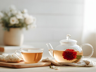 Glass teapot blooming flower tea with teacup wooden tray soft natural light white background fresh flower cozy atmosphere herbal infusion delicate