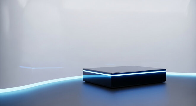 A futuristic platform with blue neon lights on a smooth surface against a blurred background