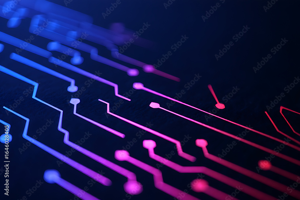 Poster abstract digital circuit board pattern with glowing blue and pink lines against a dark background re