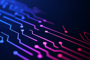 Abstract digital circuit board pattern with glowing blue and pink lines against a dark background representing technology and data flow