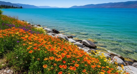  a scenic view of a tranquil lake with vibrant orange flowers on the shore, mountains in the distance, and a clear blue sky on a sunny summer day
