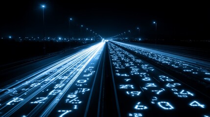 Glowing data & light trails on highway at night, digital traffic data concept
