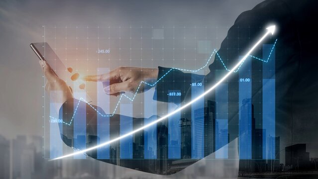 A professional uses a smartphone to engage with data analytics, showcasing growth trends and market insights illustrated with graphs in an urban setting. Copula