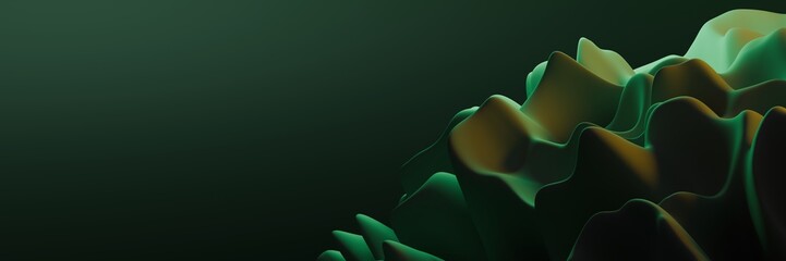 Abstract 3D Green And Yellow Organic Coral Structure On Dark Background For Digital Design