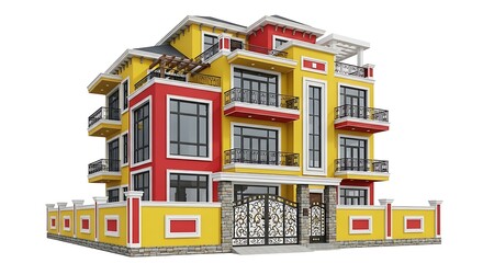 Fototapeta premium Modern house exterior design ideas with yellow and red facade and black iron gate rendering style