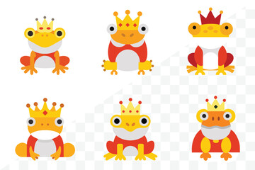 Fototapeta premium Royal Frog: Six regal frogs, each adorned with a crown and attire. These enchanting illustrations showcase the charm of royalty in a playful and whimsical manner.