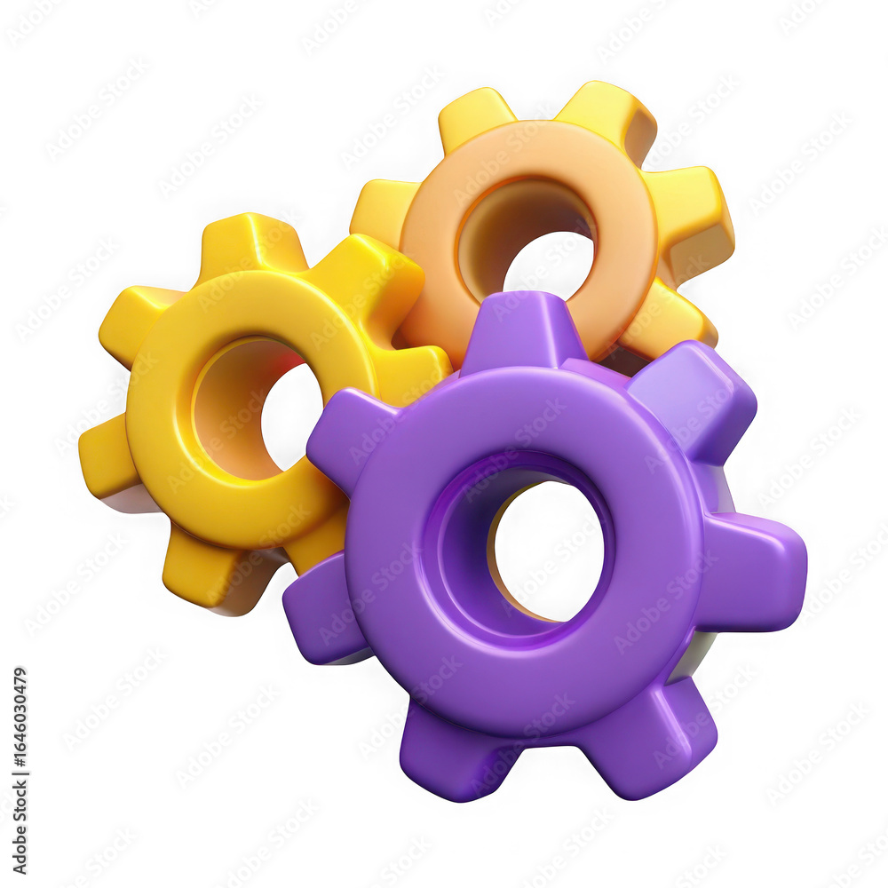 Poster three interlocking 3d gears in yellow and purple on black background cogwheels mechanism isolated on