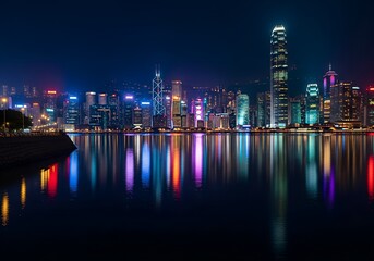 Naklejka premium Singapore and Dubai city skylines at night with illuminated skyscrapers and water reflections
