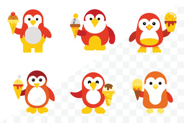 Obraz premium Cute Penguin with Ice Cream: Adorable cartoon penguins, each with unique expressions and colorful plumage, gleefully clutch ice cream cones, embodying joy and summertime bliss. 