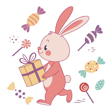Creative SVG: Funny Bunny with carrying a gift box in a Candy Shop colored Birthday theme