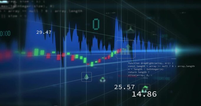 Opening 3D grid showing pulsing waveform updating candlesticks while icons highlighting trend