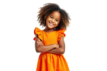 a happy young girl with curly brown hair smiling and looking at the camera, isolated on transparent background