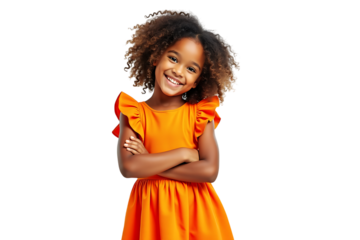  a happy young girl with curly brown hair smiling and looking at the camera, isolated on transparent background