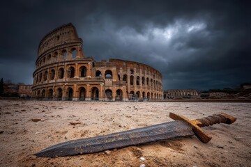 A dramatic view of the Roman Colosseum under stormy skies, with an ancient sword lying in the foreground on sandy ground
