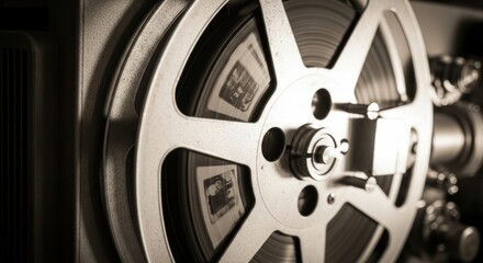 Vintage Film Projector Reel with Film Strips, Close-Up View, Sepia Tones