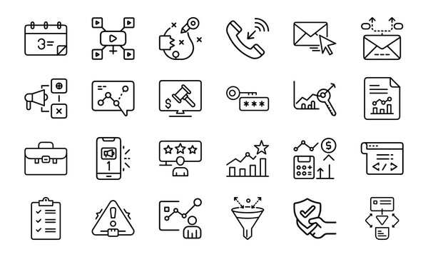 24 Business and Marketing Line Icons Analytics, SEO, Email Marketing, Digital Advertising, Sales, Finance, Data Security, Strategy, and Web Development Vector Icon Set
