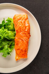 salmon fried fish seafood second course tasty snack fresh delicious gourmet food background on the table rustic food top view copy space pescetarian diet