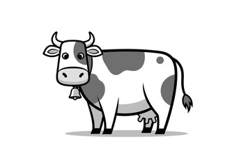 Cute cartoon cow with black and white spots standing in a field on a white background illustration