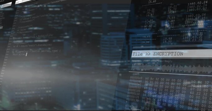 Opening blurred skyline, encryption overlay sliding, updating data, code looping for visualization