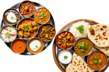 indian thali meal a variety of curries, rice, and breads served together, isolated on transparent background
