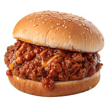 A delicious sloppy joe sandwich with sesame bun isolated on transparent background