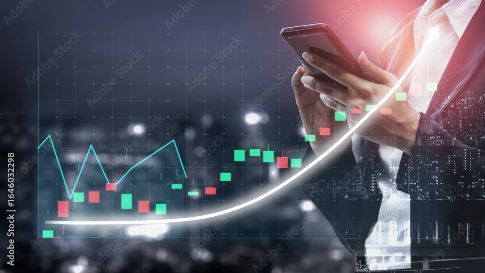 Aufkleber a focused business professional reviews stock market trends using a smartphone, surrounded by abstra