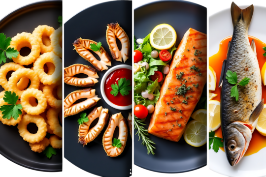  collage of delicious seafood dishes including fried calamari rings, grilled salmon, and whole fish isolated on transparent background
