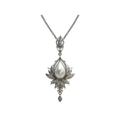 Elegant Pearl and Silver Lotus Flower Pendant Necklace