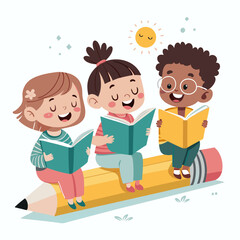 Diverse children reading books on a giant pencil with a sunny background