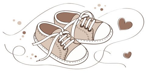 adorable watercolor baby shoes sneakers illustration with hearts and swirls for nursery shower design isolated on white background.