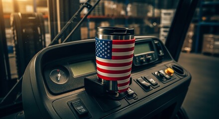 American Flag Coffee Mug in Truck Cabin