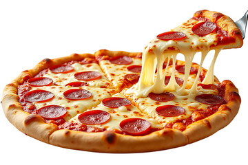 a delicious slice of pepperoni pizza with melted cheese being pulled, isolated on transparent background